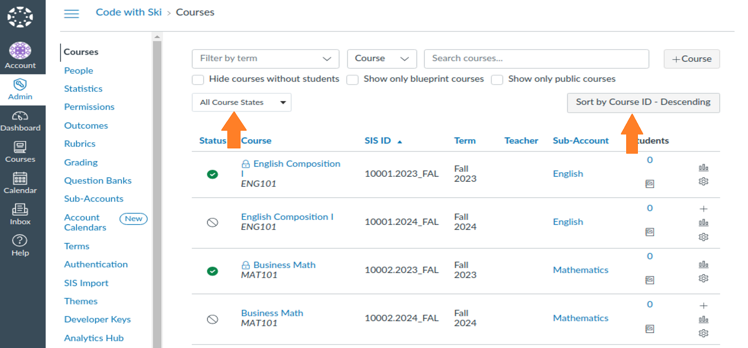 Shows the course state select menu and sort courses by ID button