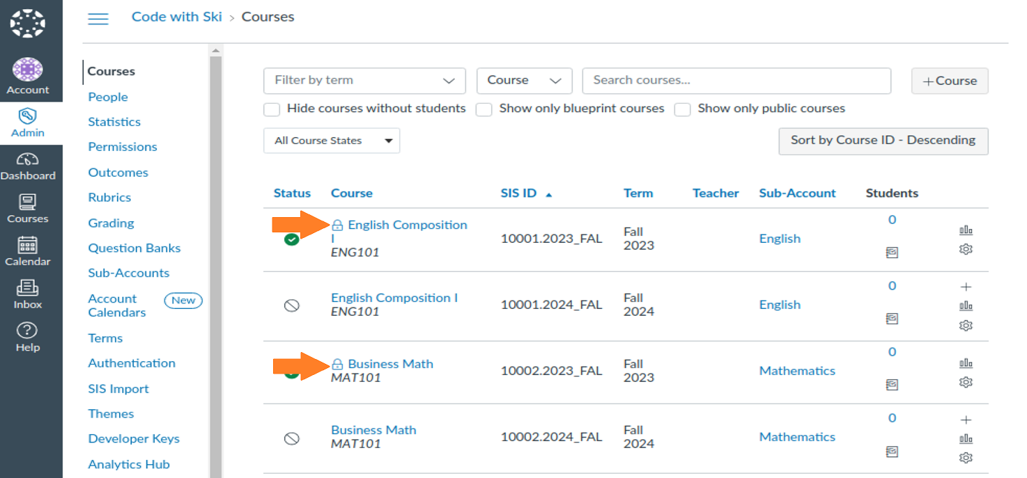 Shows concluded icon before course name for courses that are concluded.