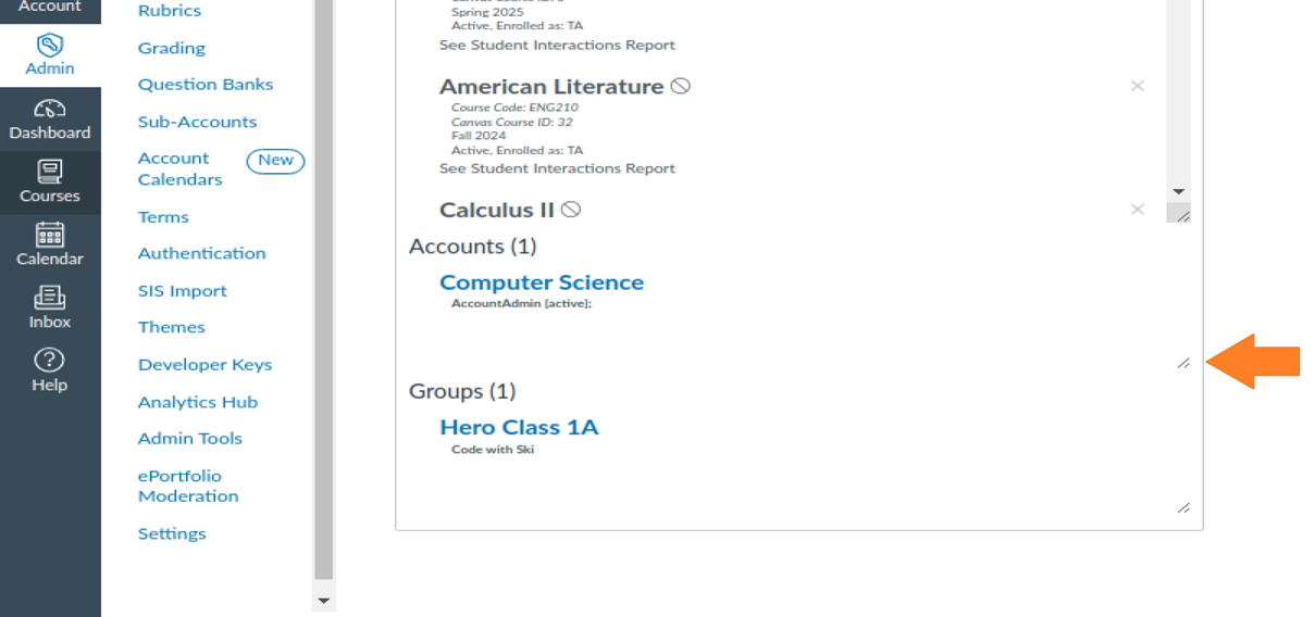 Resize handle on the admin enrollments of a user