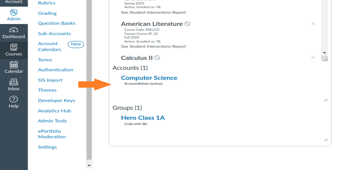 Admin enrollments section for a user