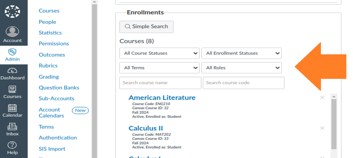 Filters for the course enrollments