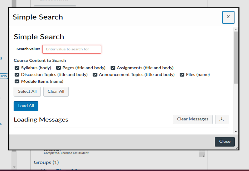 Simple search dialog for the user course enrollments