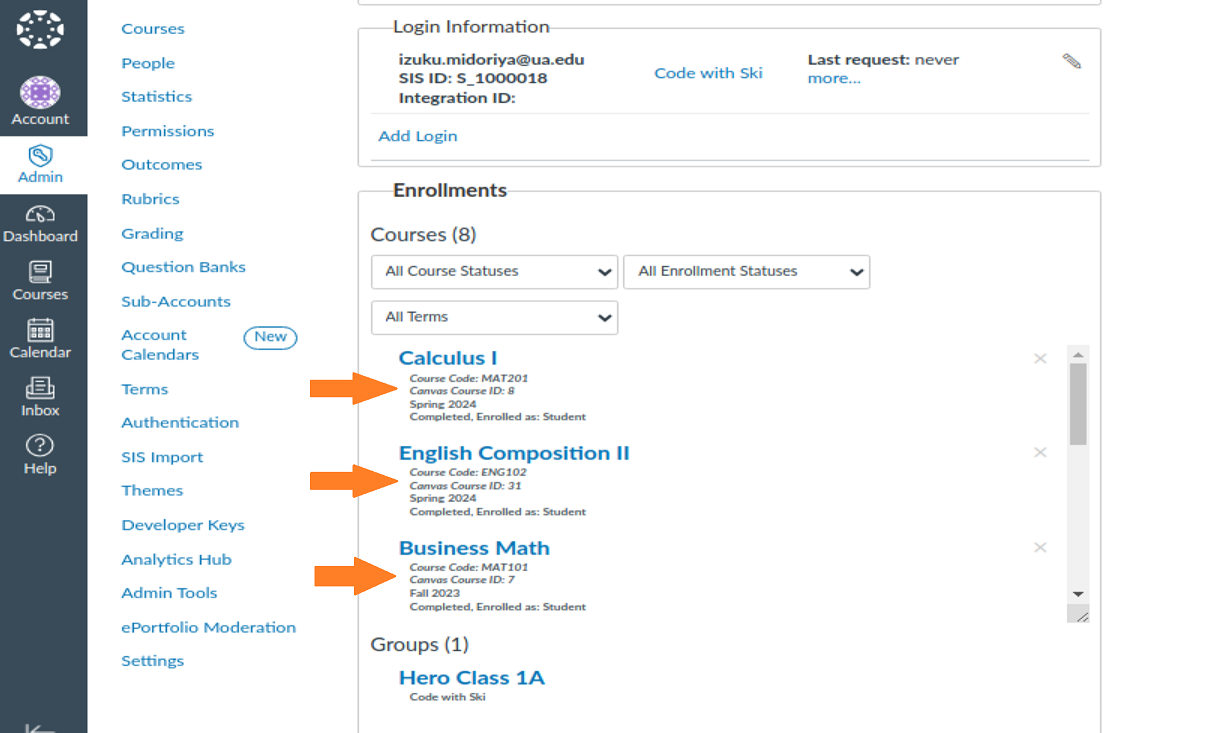 Canvas course code and ID below the course name