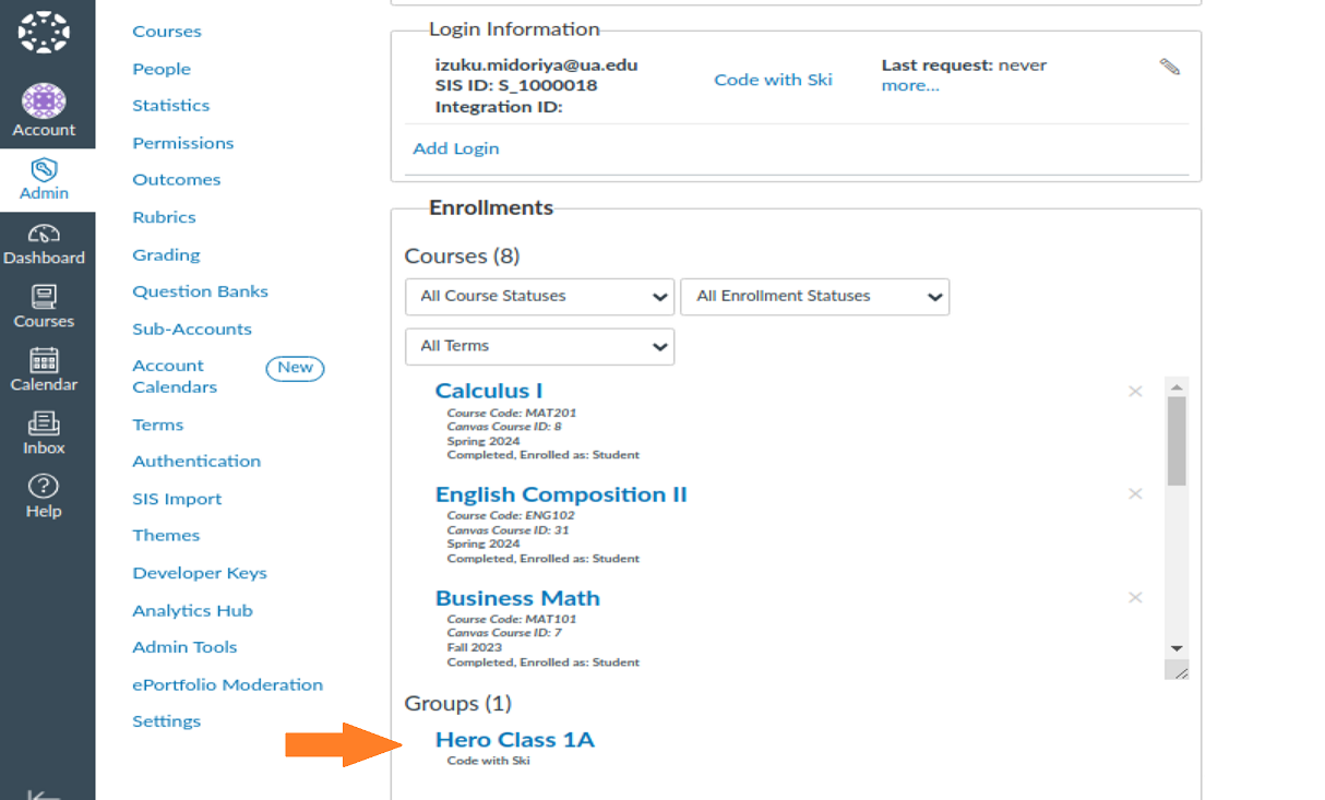 Group enrollments for a student user