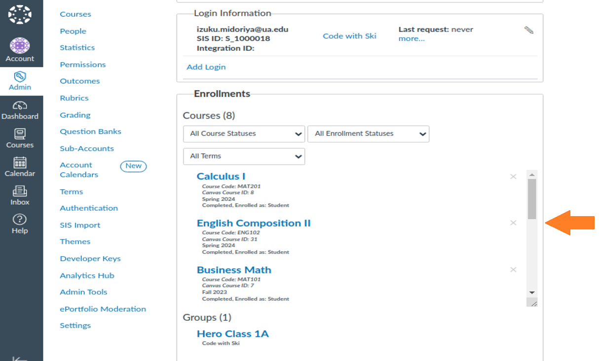 Course enrollments of a user