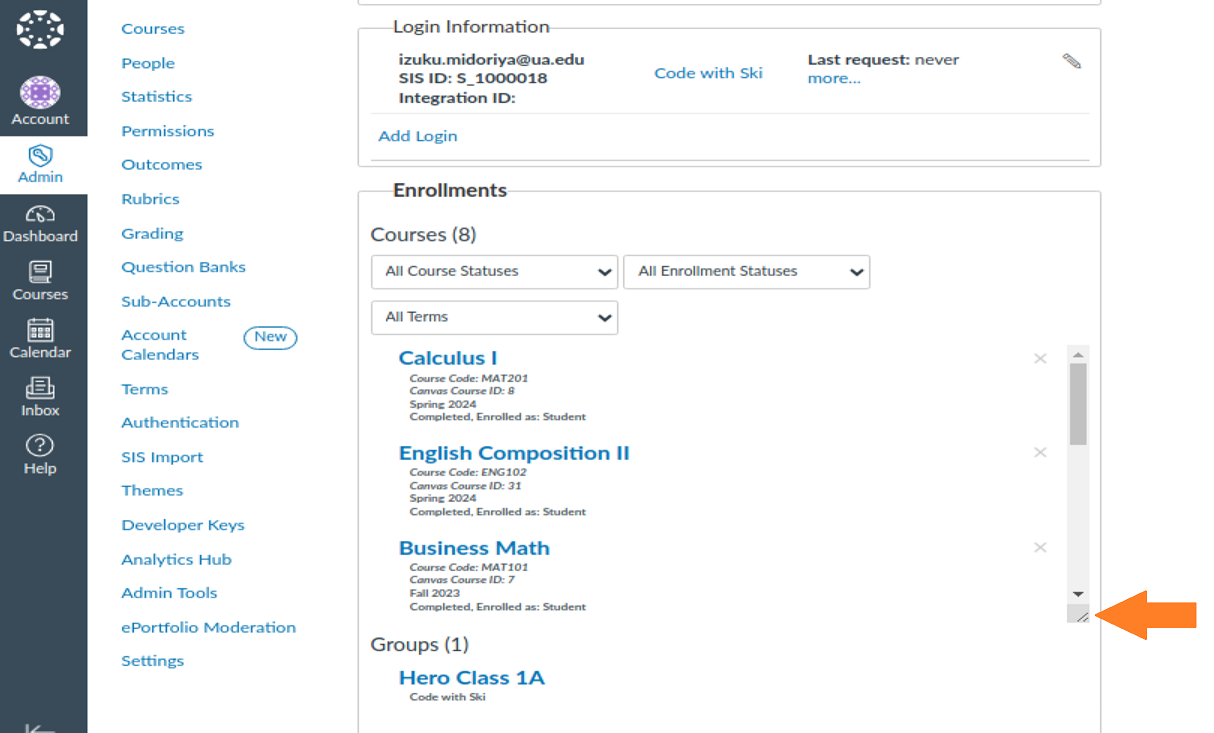 Resize handle for the course enrollments section of a user