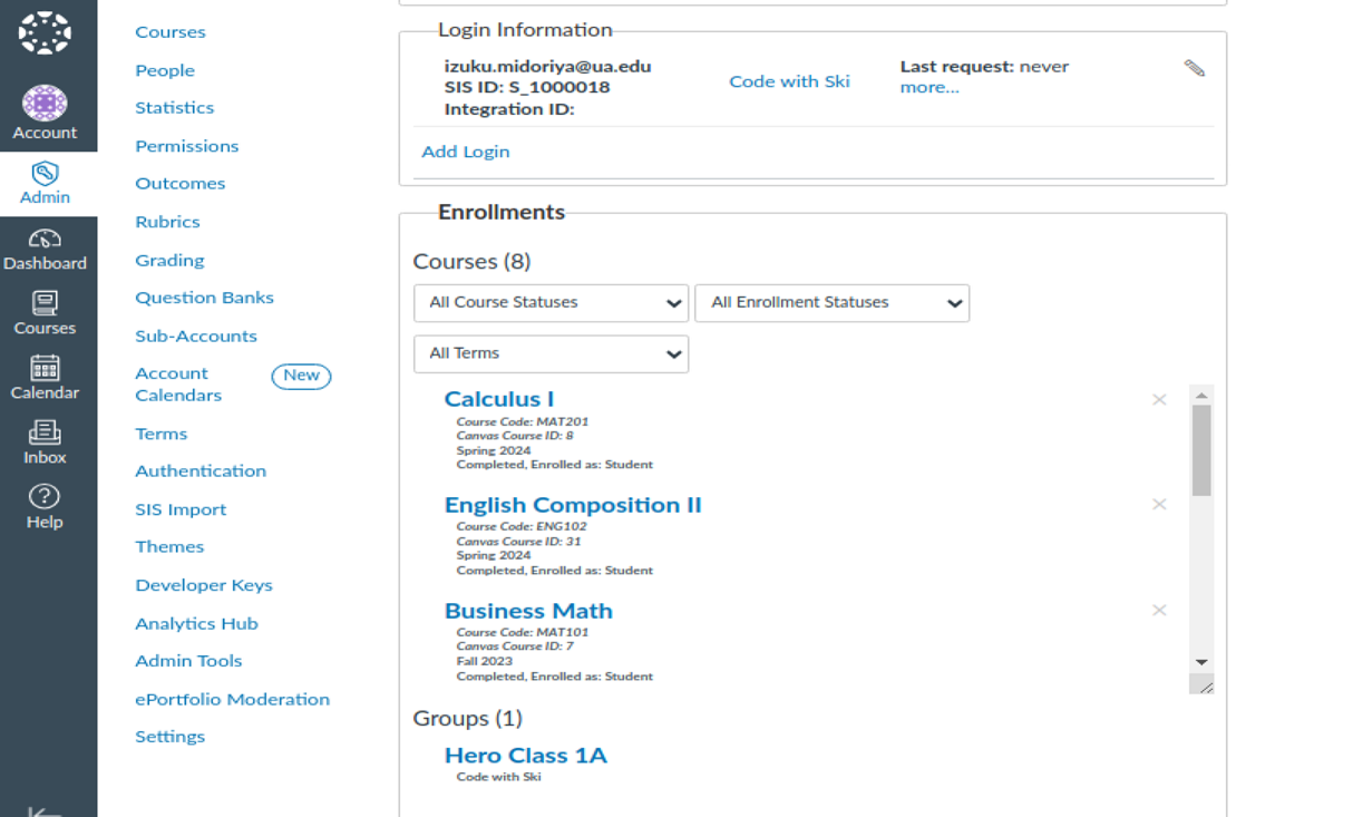 Course enrollments for user that are sorted