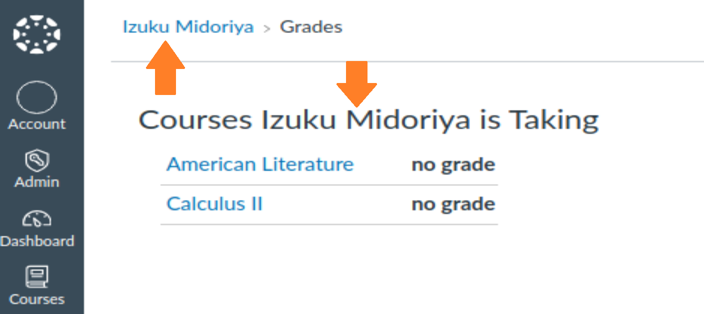 User grades page updated to reflect name of student