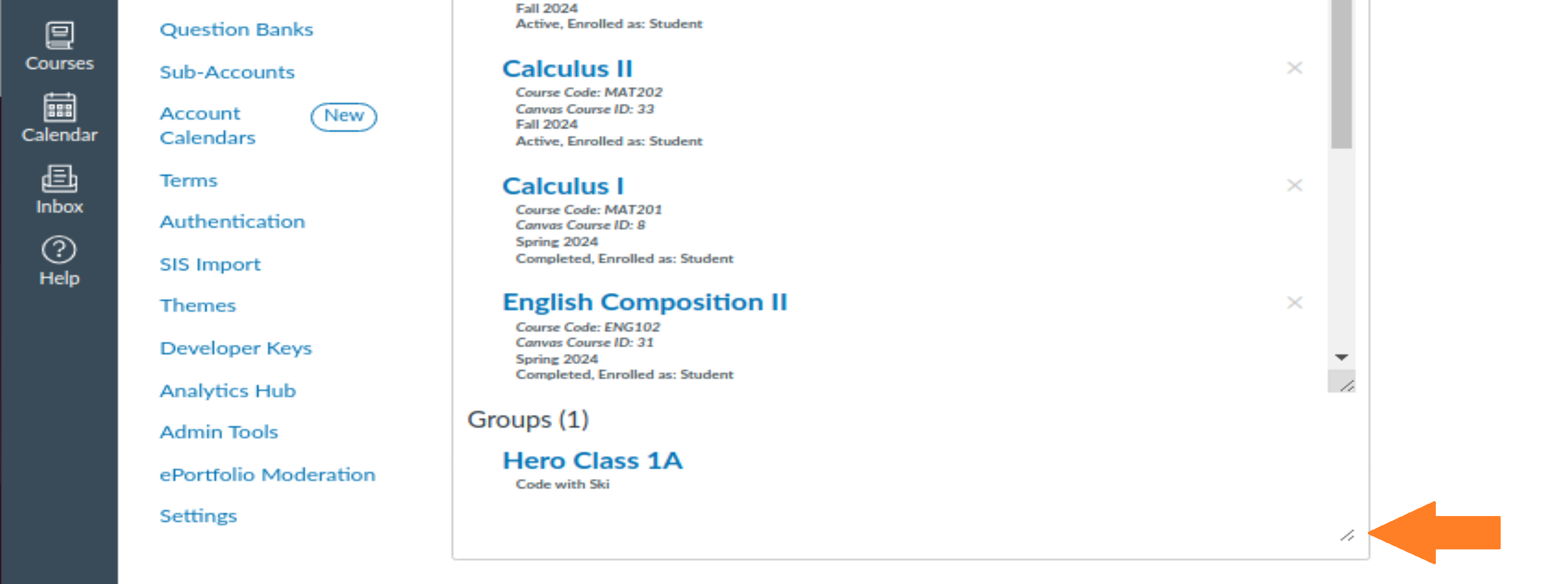 Resize handle on the group enrollments of a student user