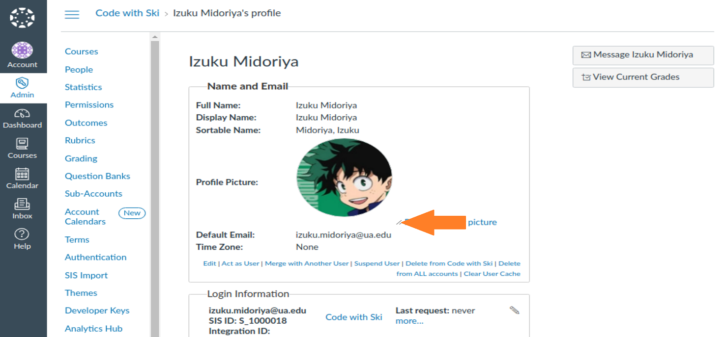 Shows profile picture that has been resized larger on the admin user page