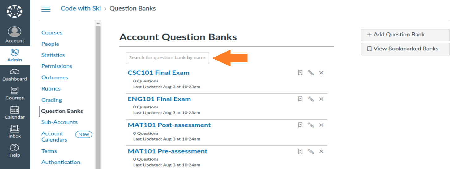 Search box on the question banks page