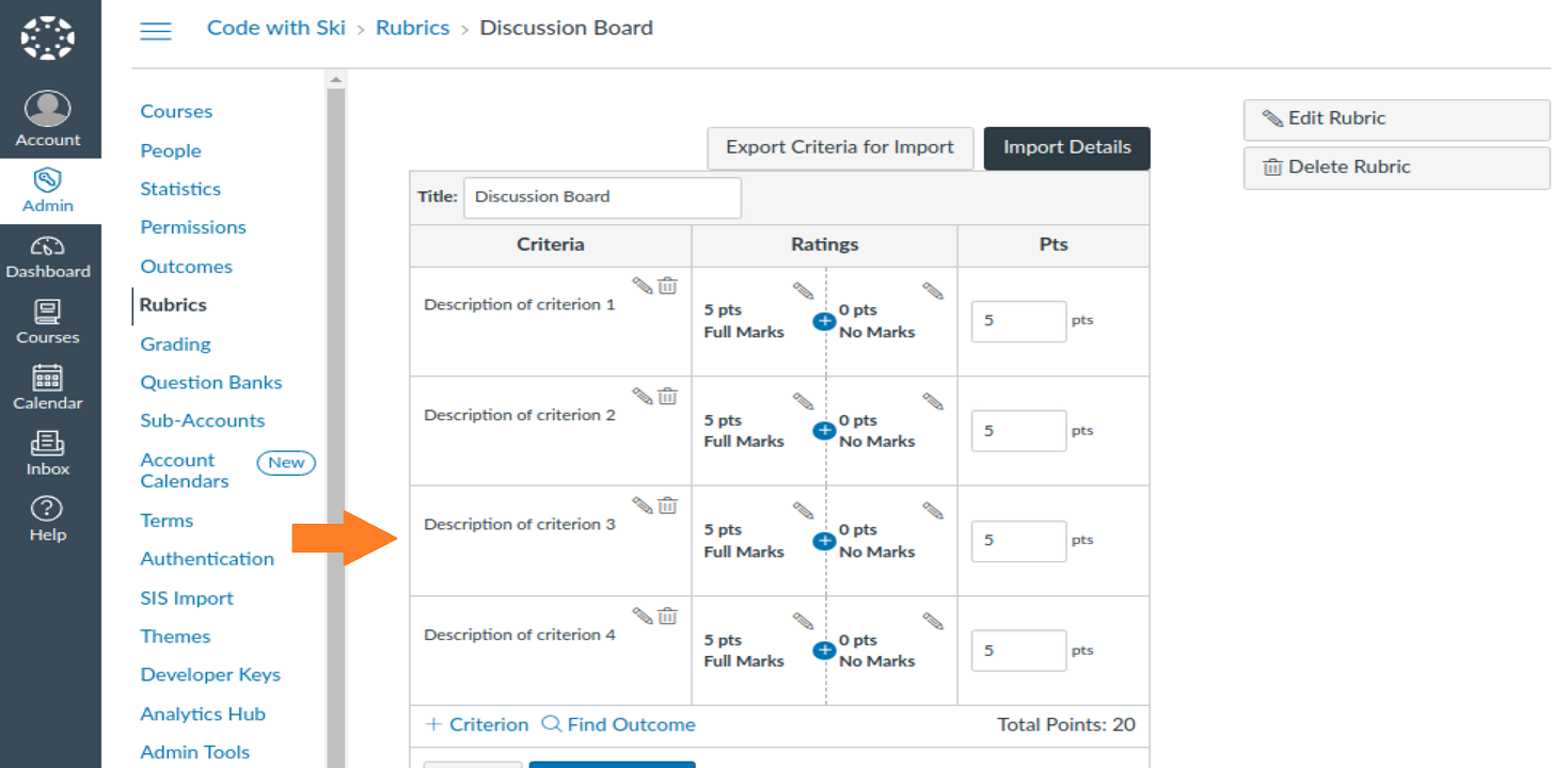 Rubric criteria shwoing row that was moved