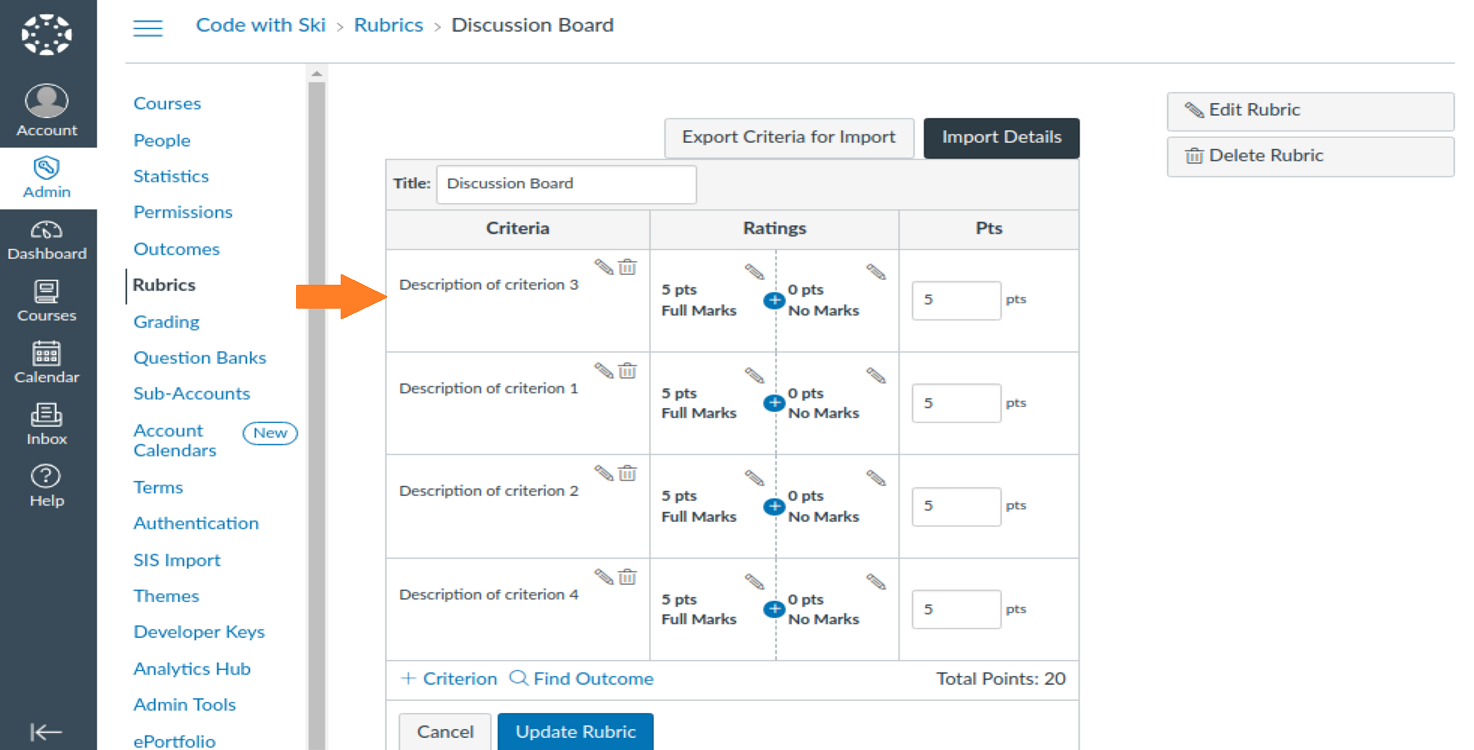 Rubric criteria showing row that will be moved