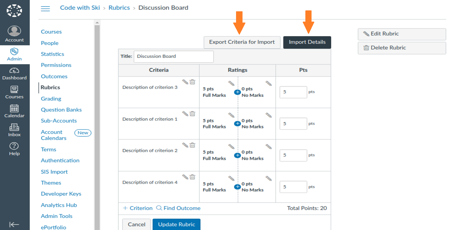 Import and export buttons on the rubric edit view