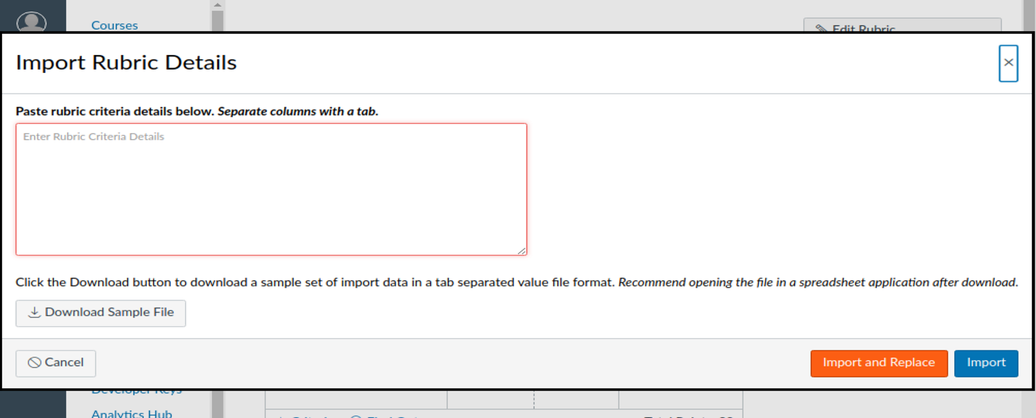 Import rubric criteria dialog