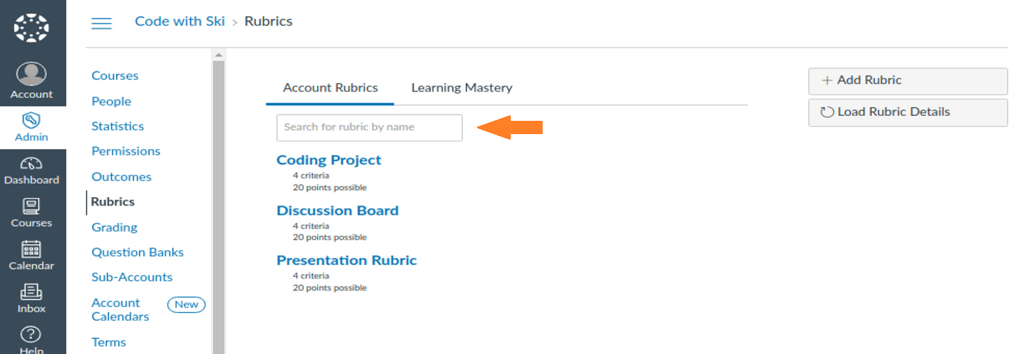 Search input on the account rubrics page