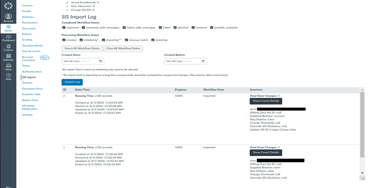 SIS Import log showing details about recent SIS Imports