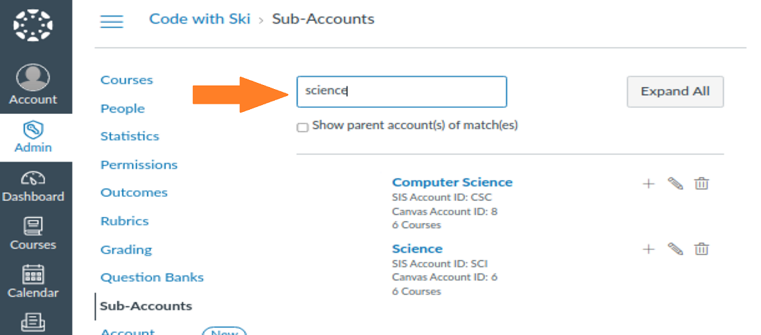 Default sub-account search for a science sub-account