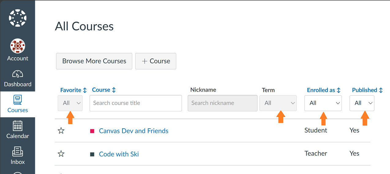 All courses list with arrows pointing to drop-down filter options.