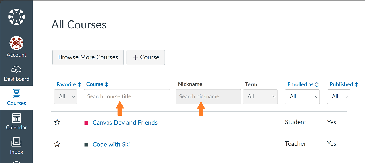 All courses list with arrows pointing to search fields for filtering.