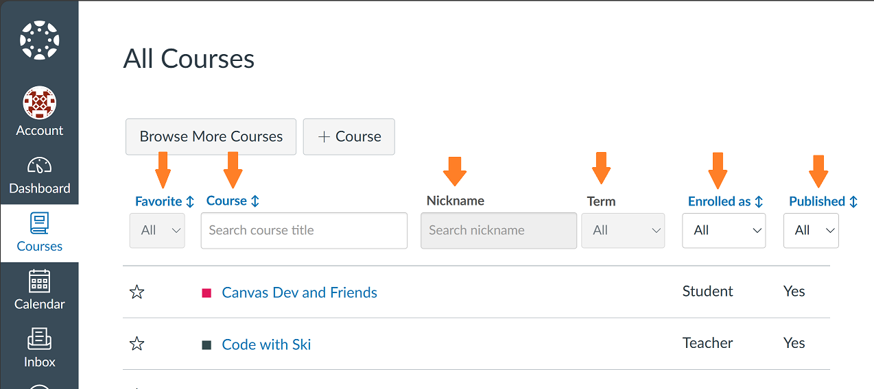 All courses list with arrows pointing to the column headers that were updated.