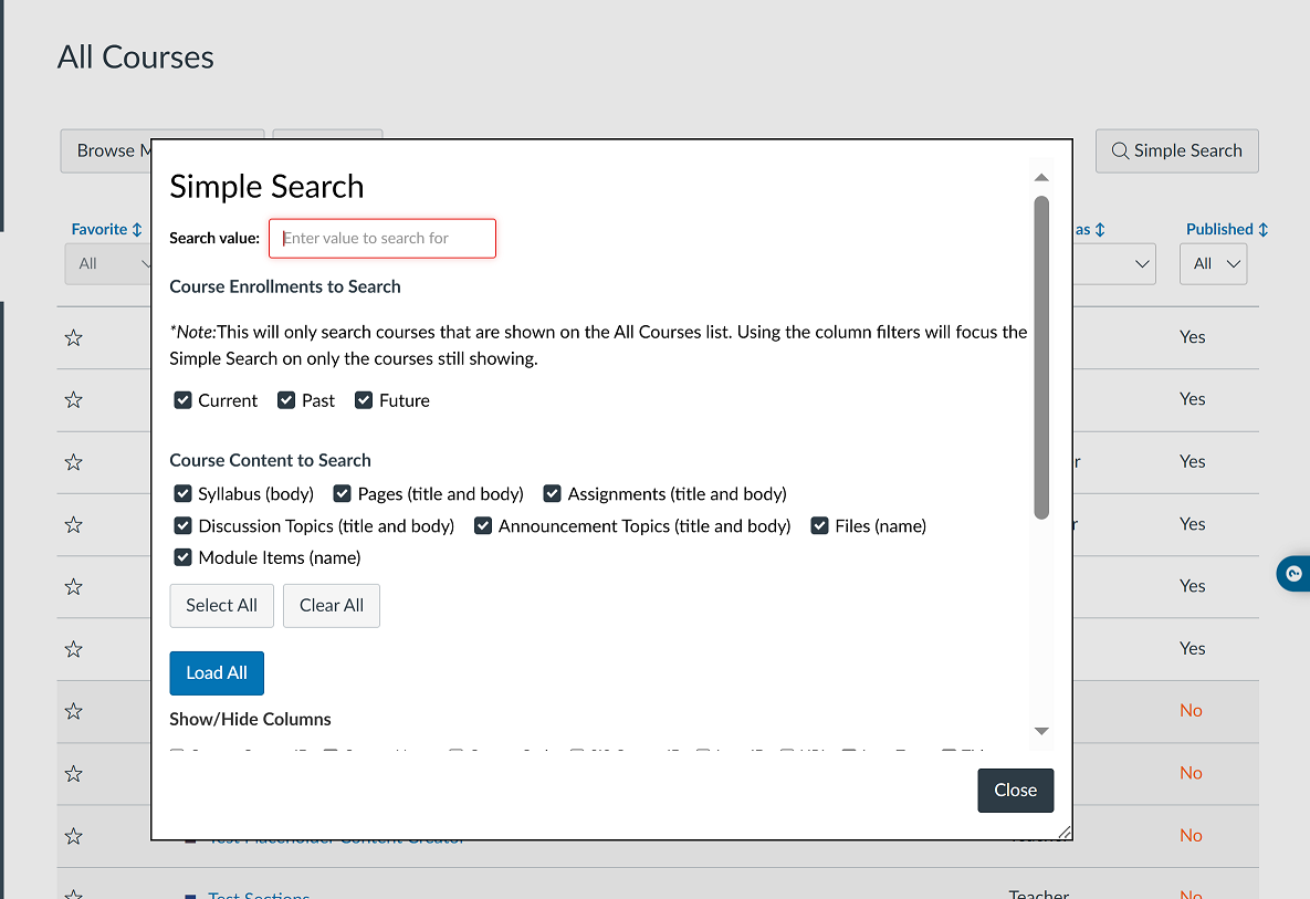 All Courses simple search modal when it is opened initially