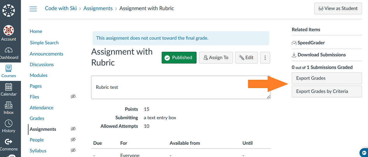 Export grades buttons on an assignment page