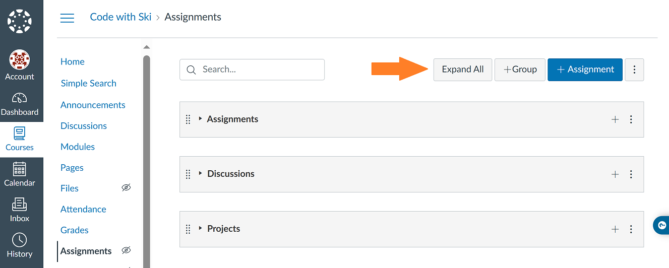 Expand all button on the assignments page