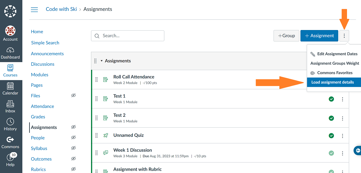 Load assignment details button on the list of assignments