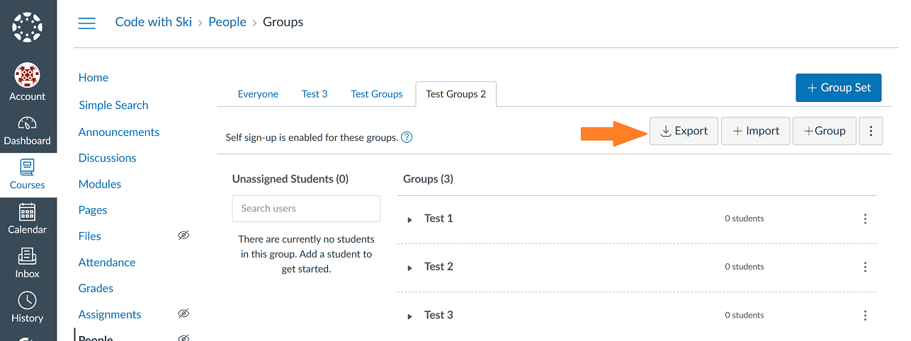 Course group set with an export button