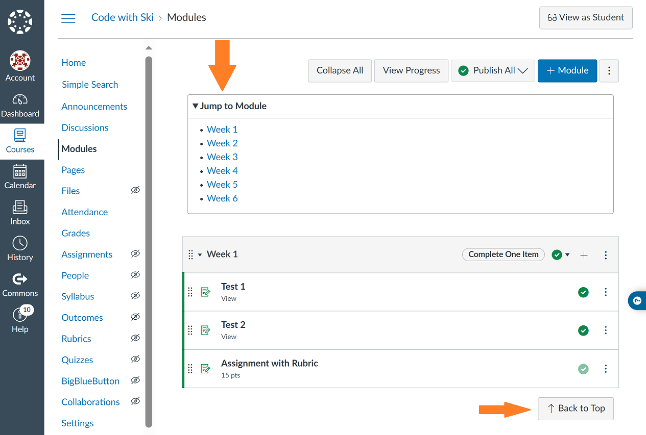 Course modules page with jump to module dialog and back to top button