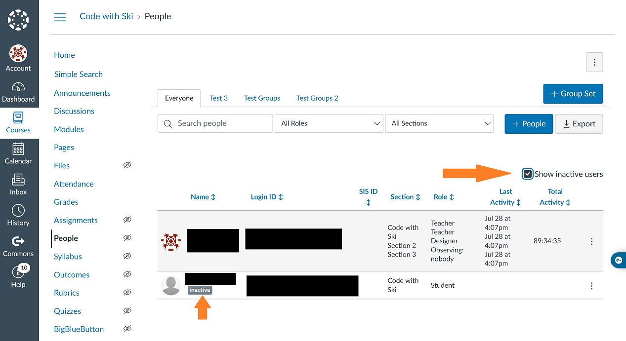 Course people page with inactive users shown