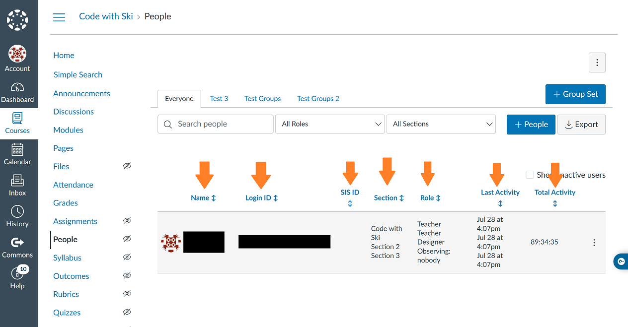 Course people page with column sort headings