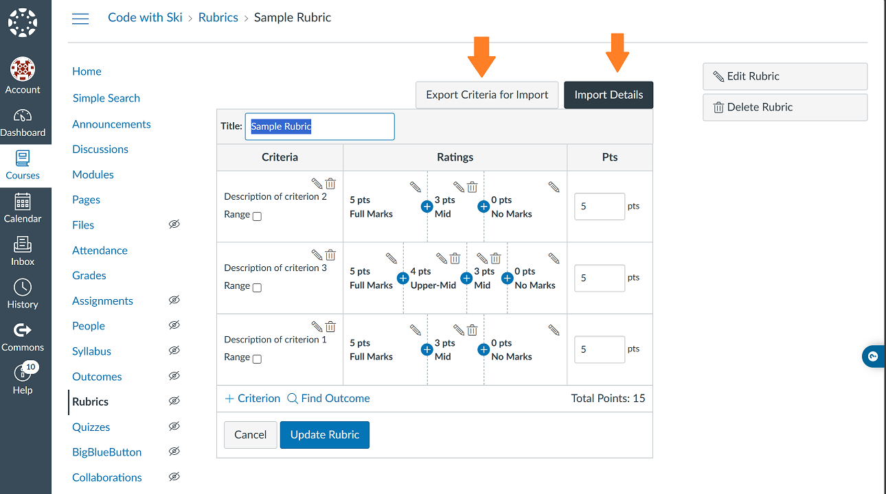 Import and export criteria buttons on the edit rubric page