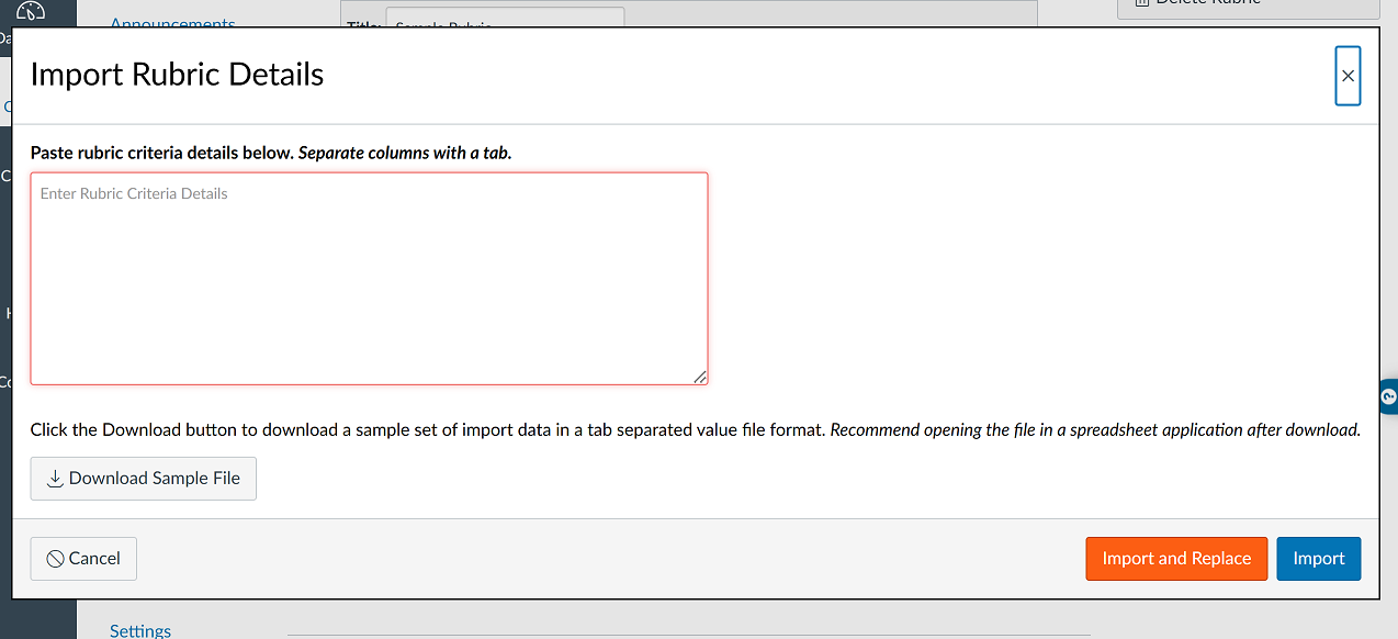 Import rubric criteria dialog