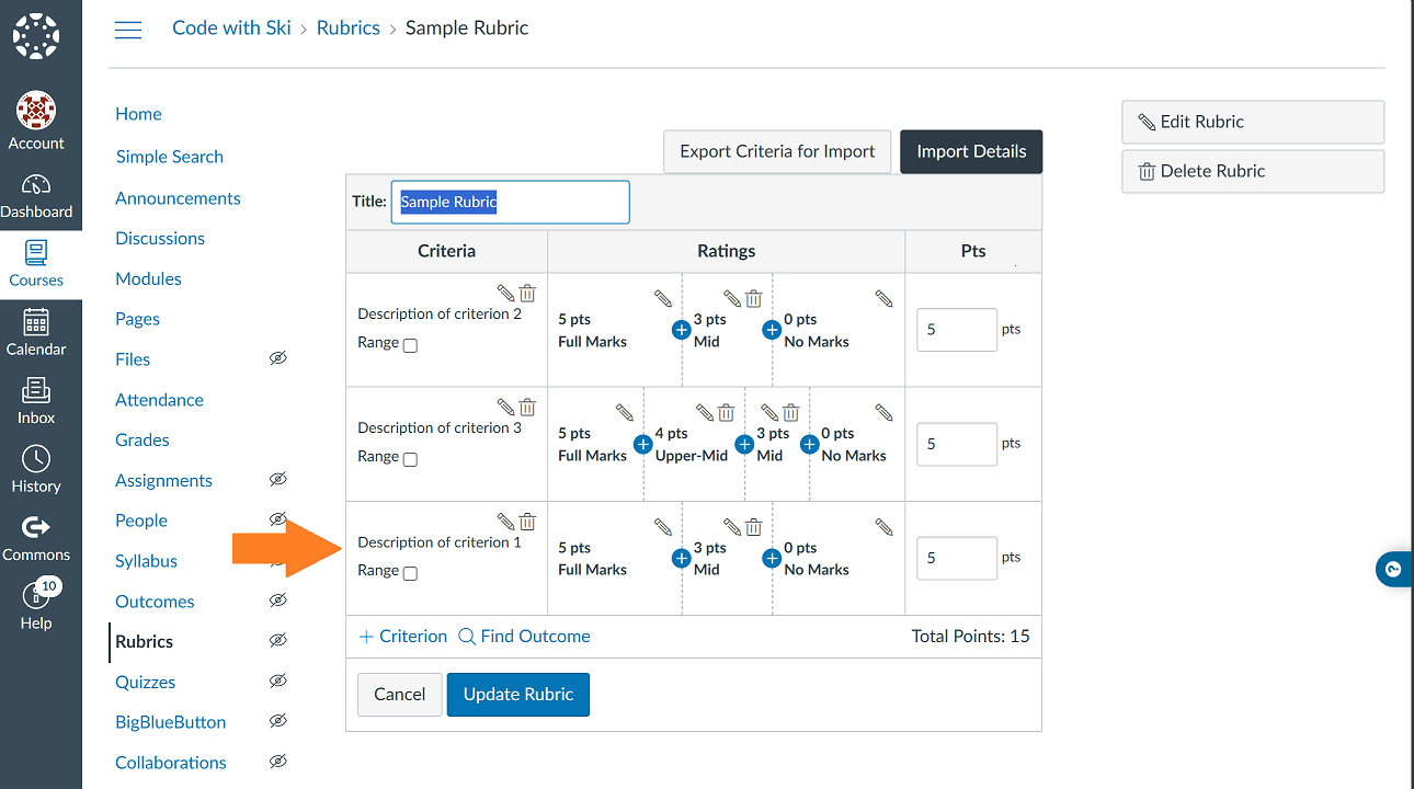 Shows row that will be moved currently at the bottom of the rubric