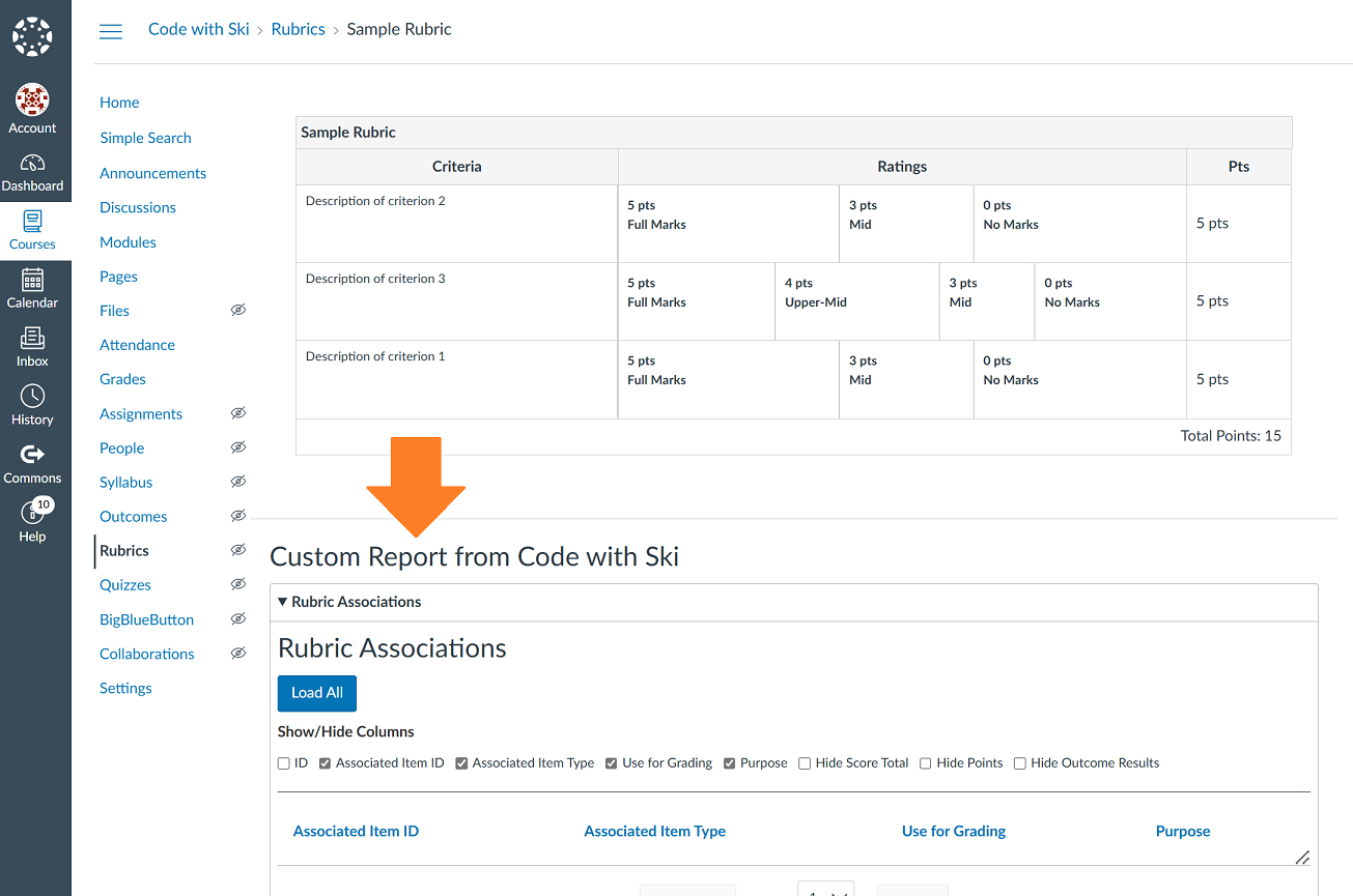 Rubric associations report on course rubrics page