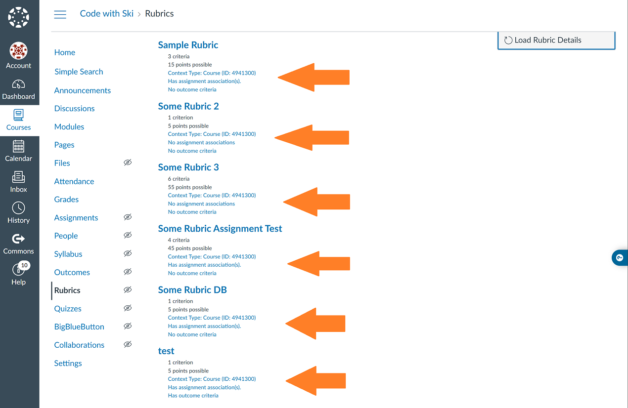 Example loaded details on course rubrics page