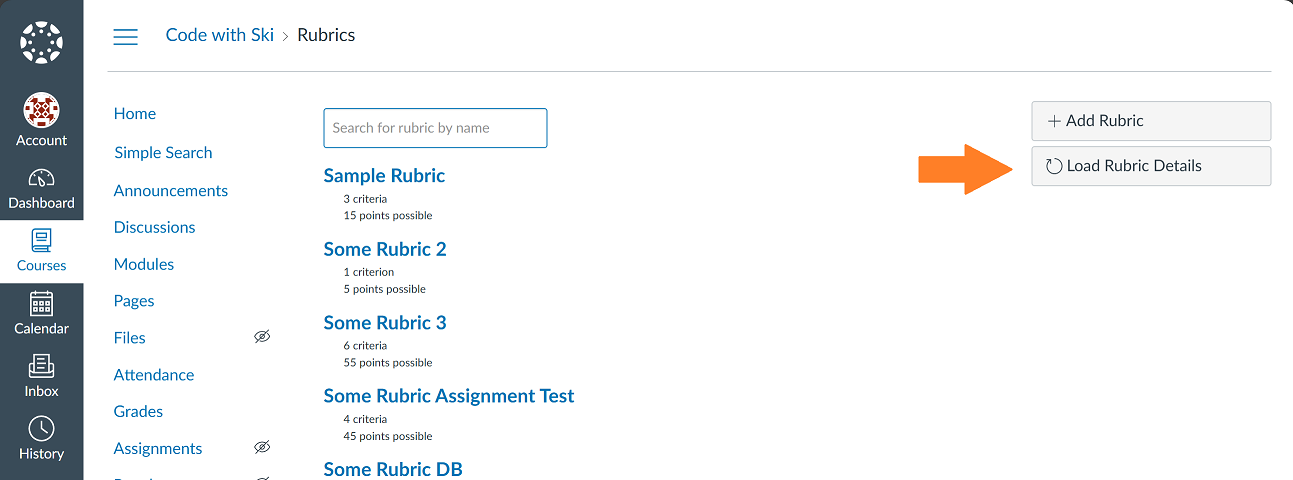 Load details button on course rubrics page