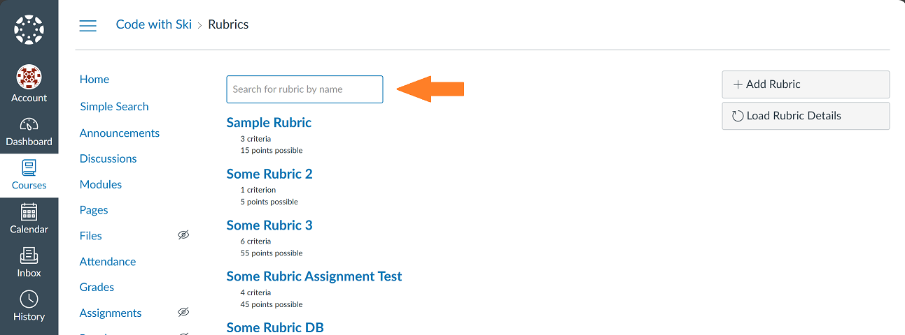 Search feature added to course rubrics page