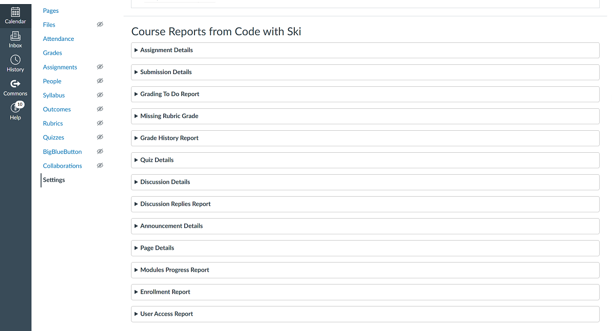 Custom course reports on the course statistics page