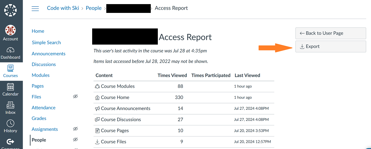 Course user access report with export button added