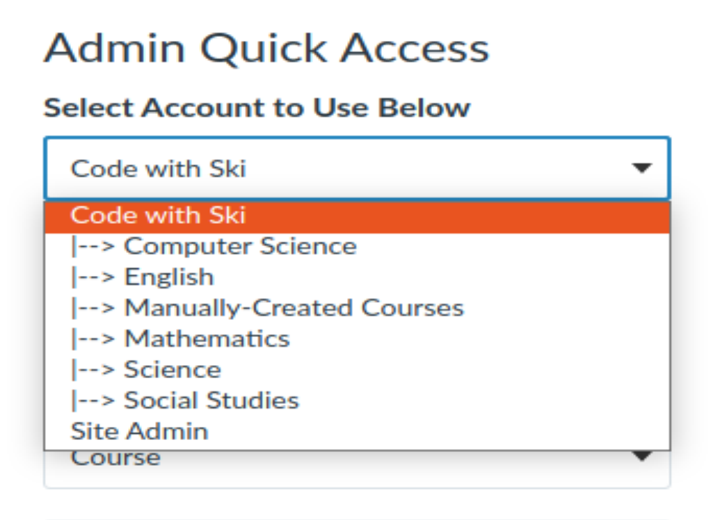 Admin quick access account select menu example