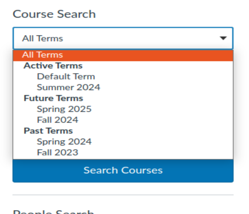 Admin quick access term select menu example in course search section